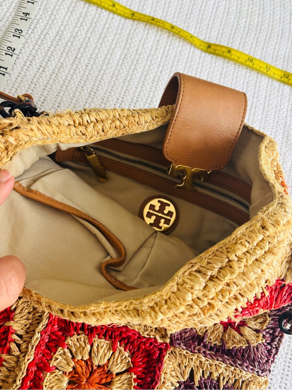 Tory Burch Multi-Color Crochet Square Crossbody with Tan Trim - Picture 6 of 10
